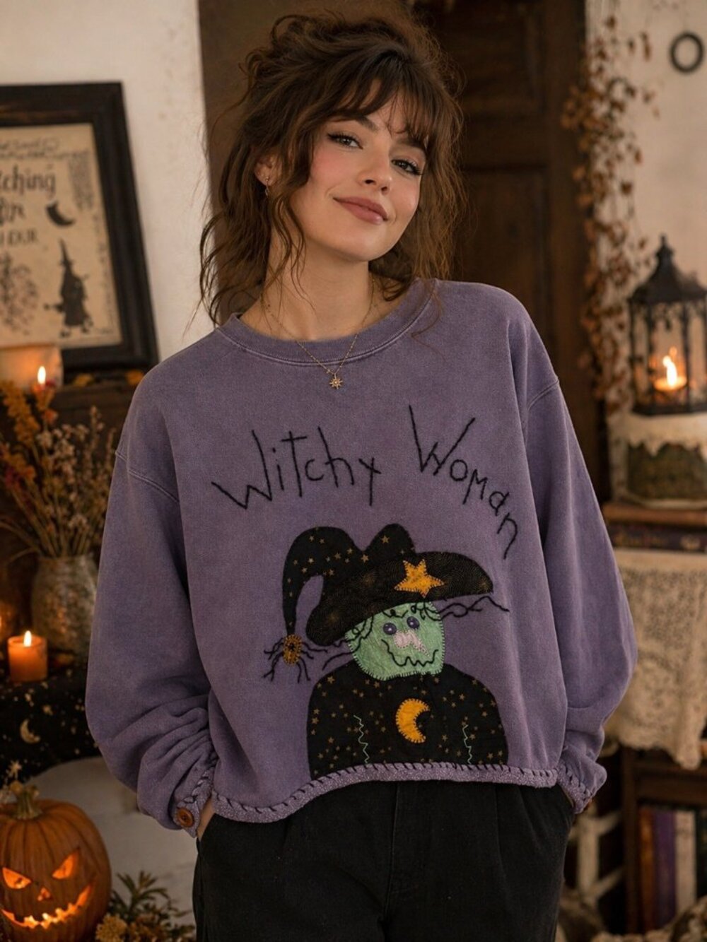 Vintage Authentic Pigment Witchy Woman Purple Cropped Sweatshirt Large